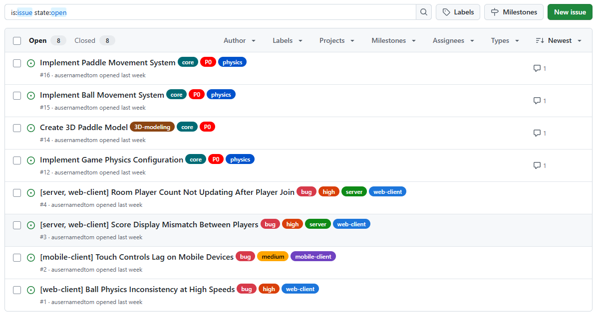 GitHub Issues created by the agent before solving problems in code